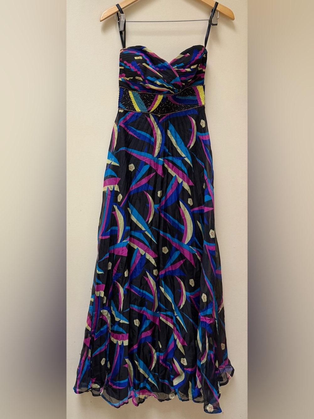 Jovani Relativity Black Strapless Maxi Dress with Multicolor Abstract Print
